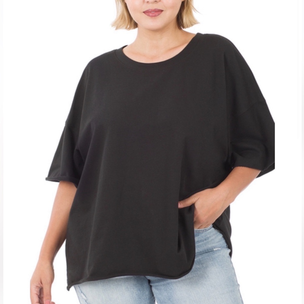 ZENANA 
Oversized Raw Edge Drop Shoulder Top - Picture 4 of 9
